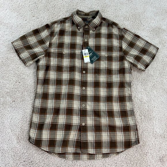 GH Bass & Co Mens M Short Sleeve Shirt Plaid Brown Cotton Button Front NWT - Picture 1 of 10